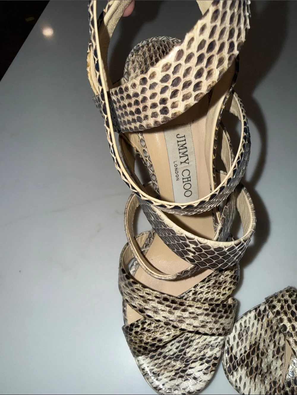 Jimmy Choo Black and Beige Snake-Print Strappy Heels